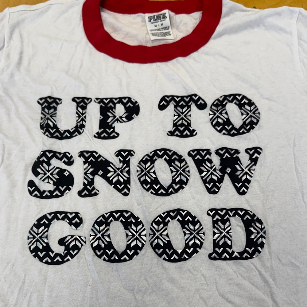 PINK Victoria's Secret White Tee with Red Collar and Black Graphic